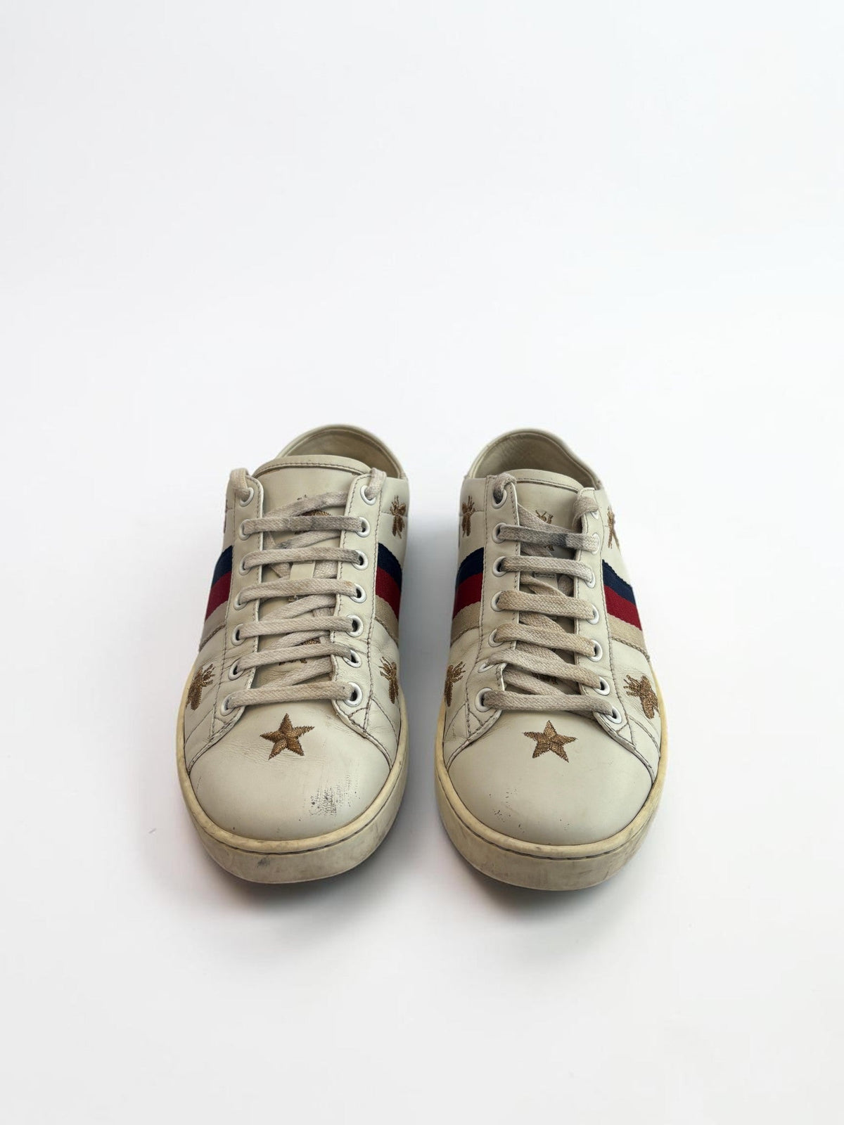 Gucci Ace Bee Star embroidered leather sneakers in white, sole and Sylvie Web stripe detail