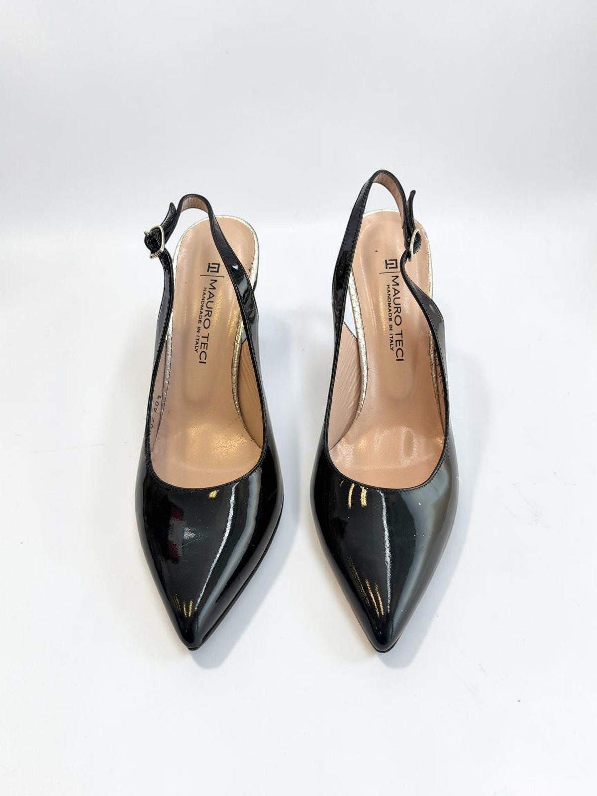 Mauro Teci Slingback Heels Glossy Black Patent Leather - Size 40.5