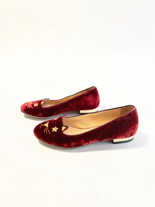 Charlotte Olympia Mid Century Kitty Burgundy Balerina Flats
