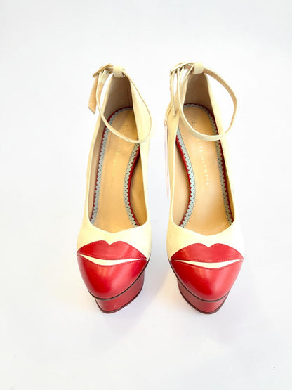 Charlotte Olympia Kiss Me Dolores! Ivory Red Pumps - 38