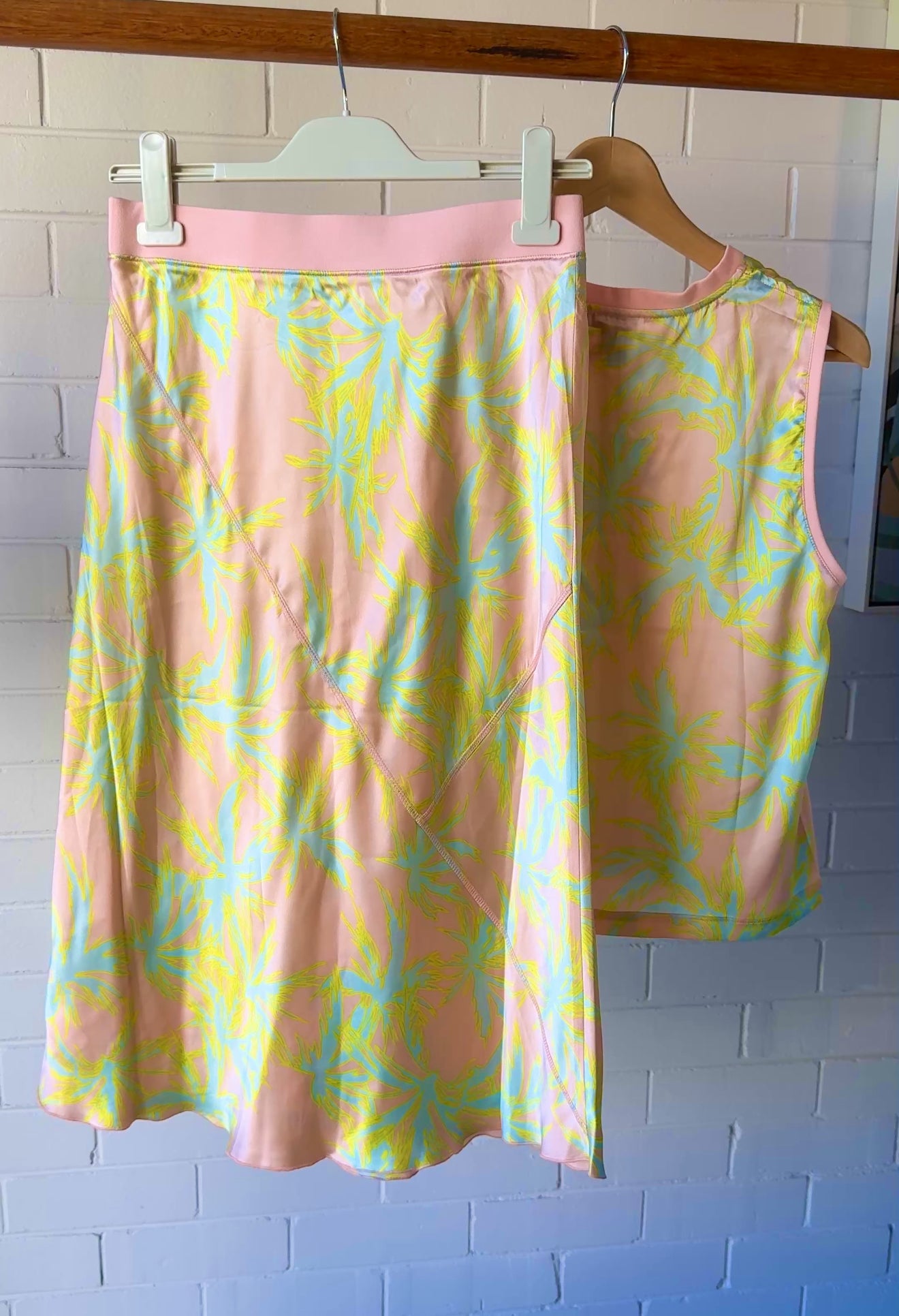 ATM Palm Print Silk Charmeuse Top & Midi Skirt Set Pink Yellow Size [Insert Size]
