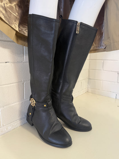 Tory Burch Black Leather Riding Boots – Eleanor Logo Knee-High Boots- Size 39