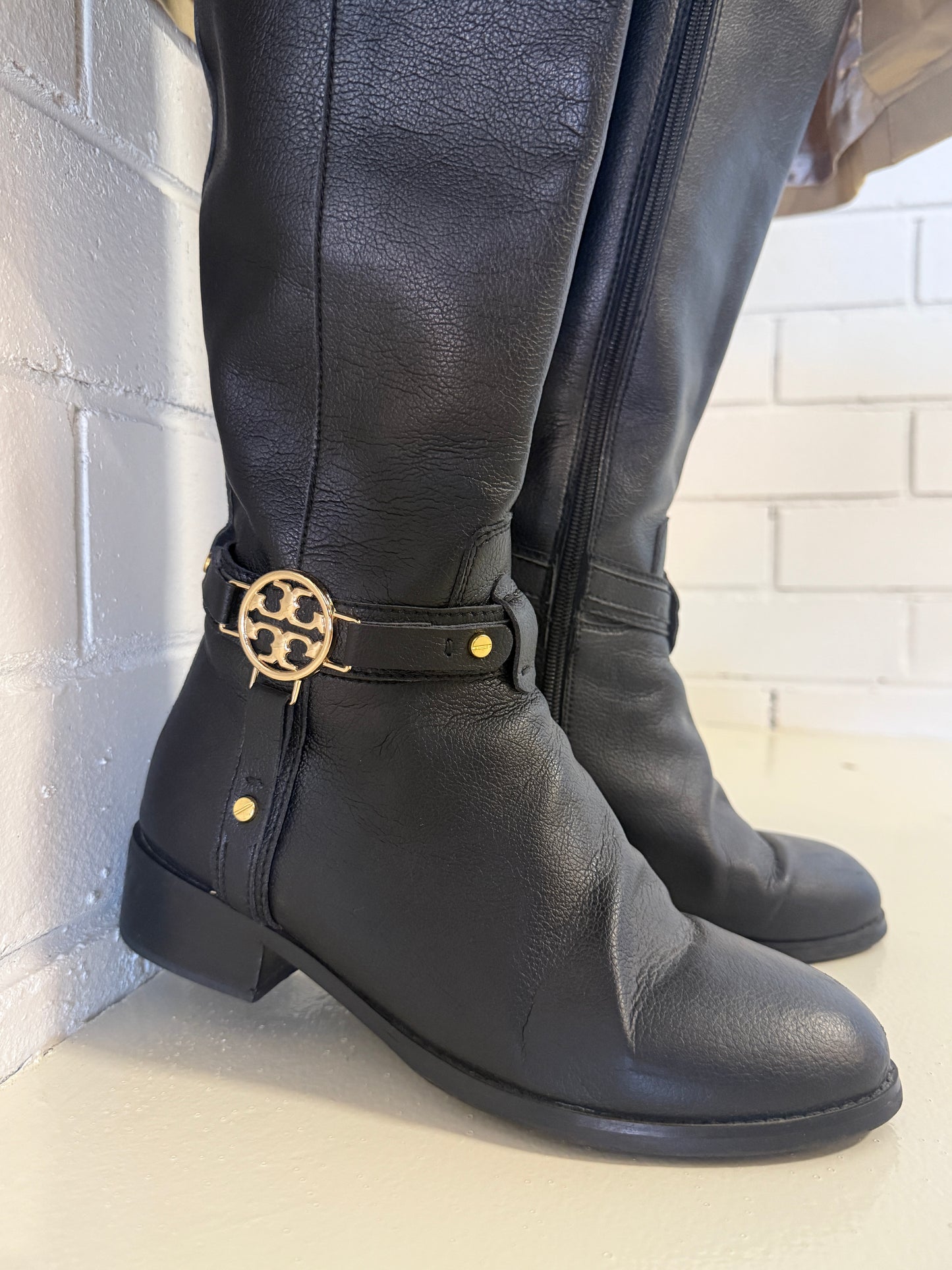 Tory Burch Black Leather Riding Boots – Eleanor Logo Knee-High Boots- Size 39