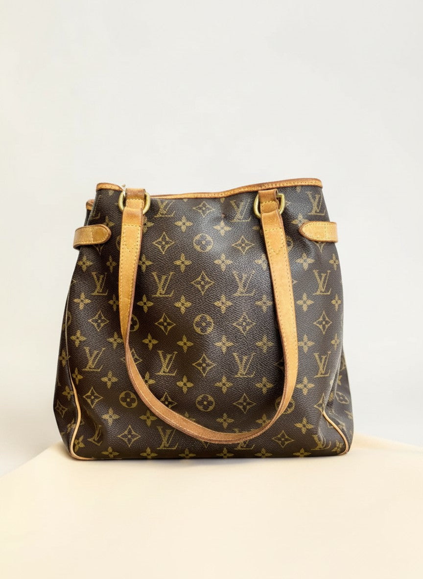 Louis Vuitton Batignolles Vertical Monogram canvas tote, front view showing structured silhouette and dual handles