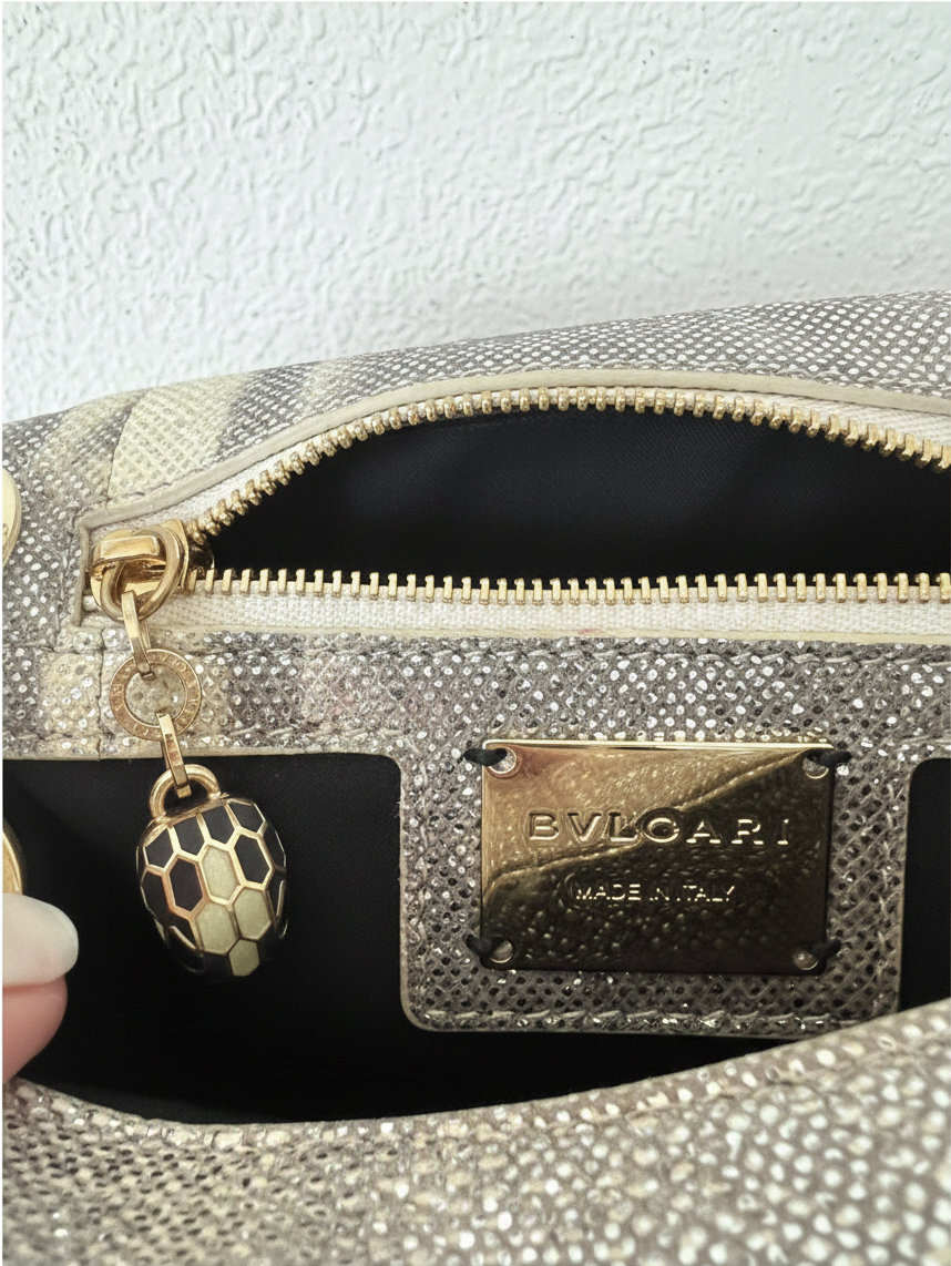 Bvlgari Serpenti Cabochon Shoulder Bag in Milky Opal Beige Metallic Karung – Small