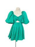 Aje Dusk Knot Puff Sleeve Mini Dress in emerald green, front view — size 6