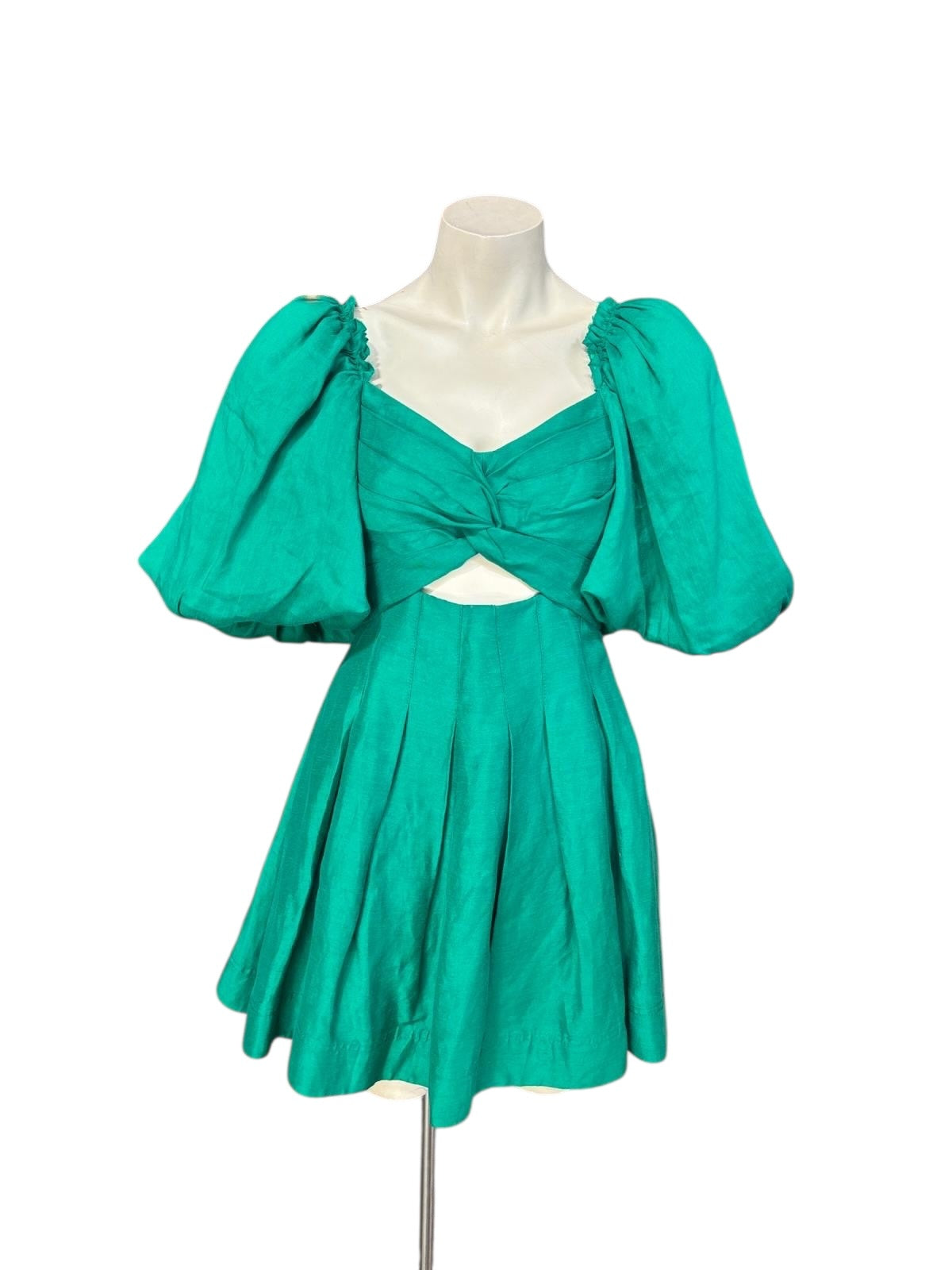 Aje Dusk Knot Puff Sleeve Mini Dress in emerald green, front view — size 6