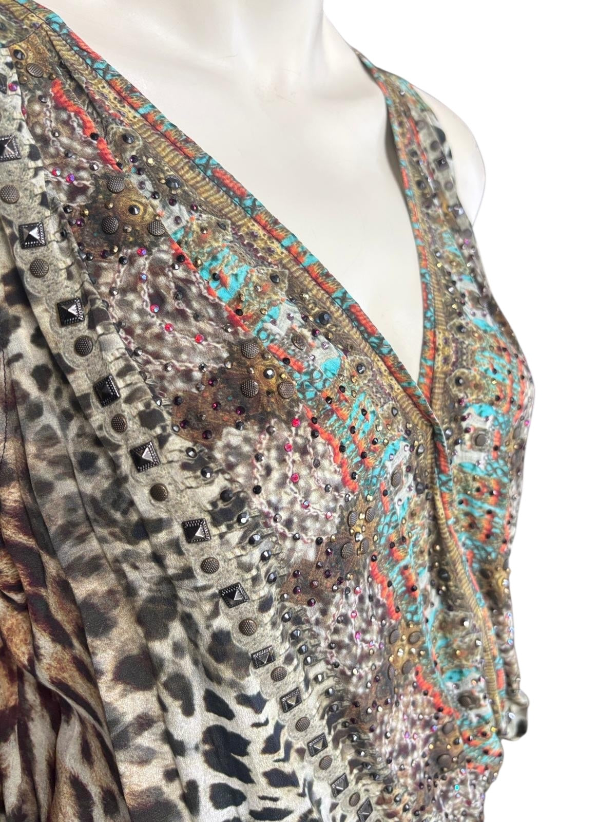 Camilla Silk High-Low Dress Embellished Animal Print Kaftan Mini Dress Designer Resort Wear- 1