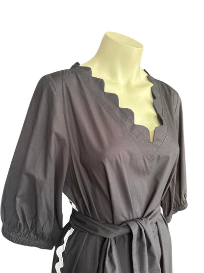 Binny Black Midi Dress | Scalloped Neckline | Cotton Belted Dress- 14