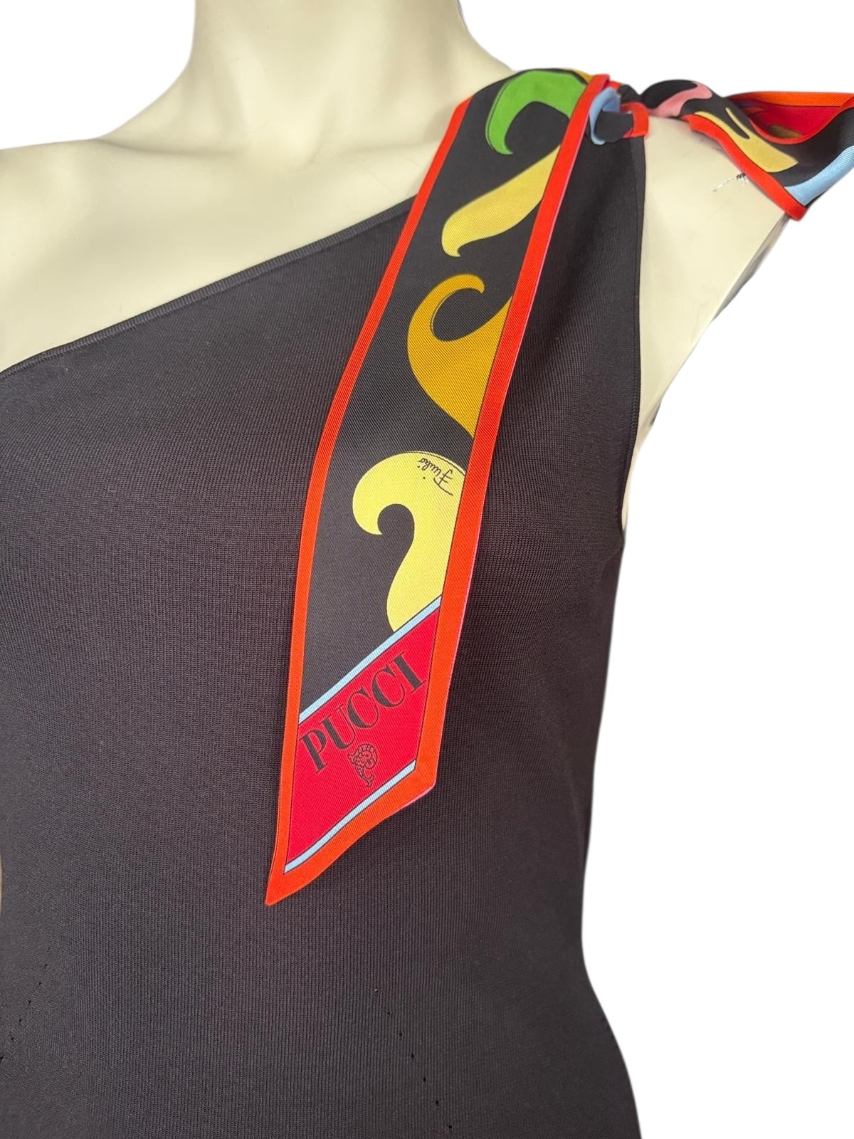 Emilio Pucci One Shoulder Dress | Silk Blend Black with Signature Print Hem | Designer Event Dress - Size S