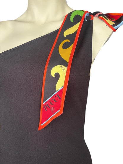 Emilio Pucci One Shoulder Dress | Silk Blend Black with Signature Print Hem | Designer Event Dress - Size S