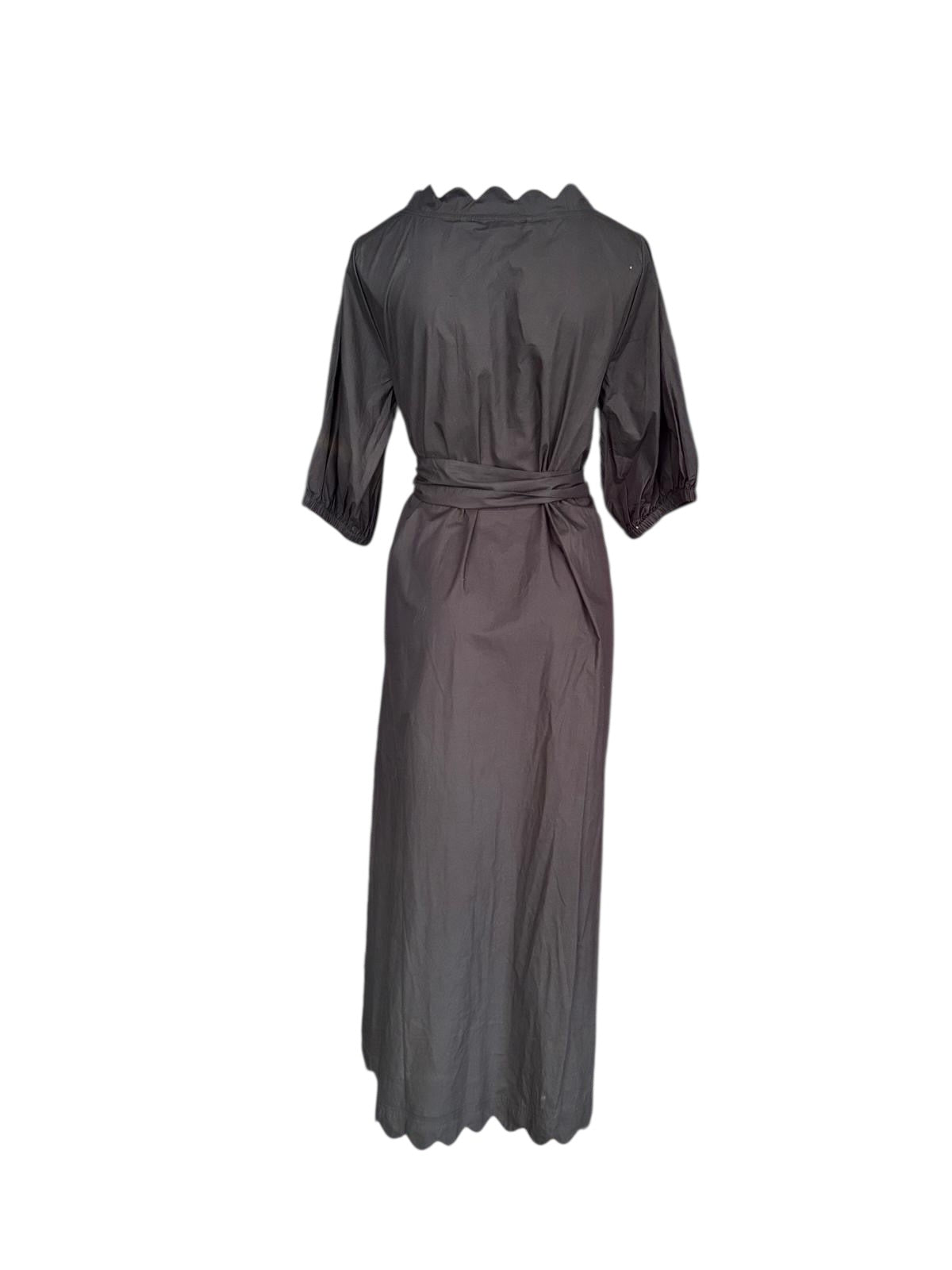 Binny Black Midi Dress | Scalloped Neckline | Cotton Belted Dress- 14