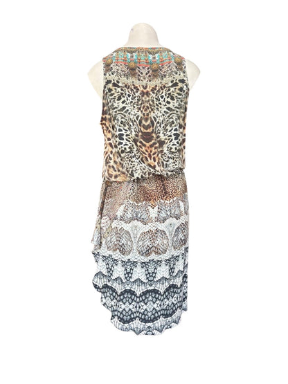 Camilla Silk High-Low Dress Embellished Animal Print Kaftan Mini Dress Designer Resort Wear- 1