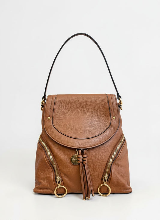 See By Chloé Tan Leather Backpack | Gold Ring Detail | Boho Luxe Designer Bag