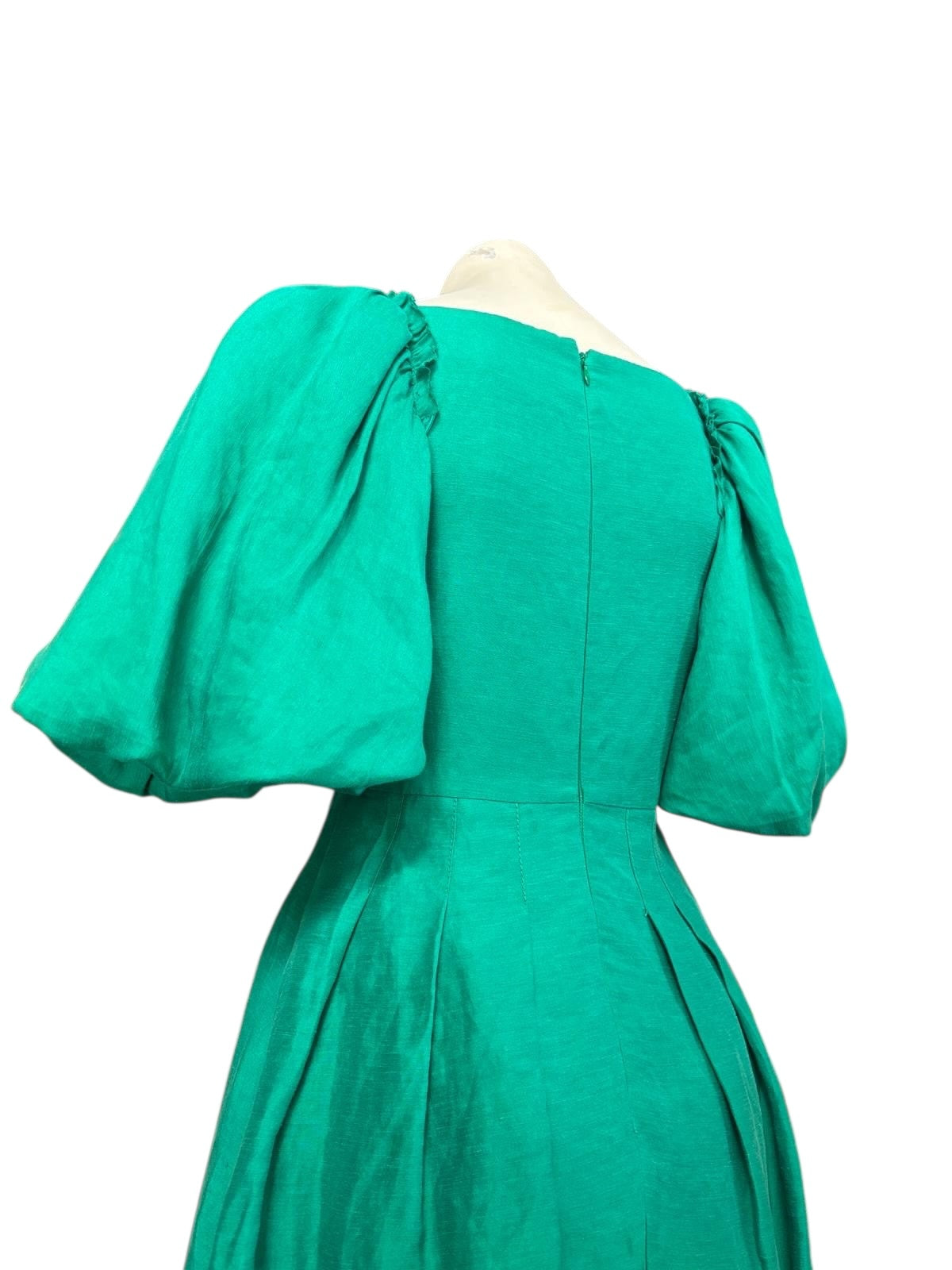 Aje Dusk Knot Puff Sleeve Mini Dress in emerald green, twisted knot bodice detail
