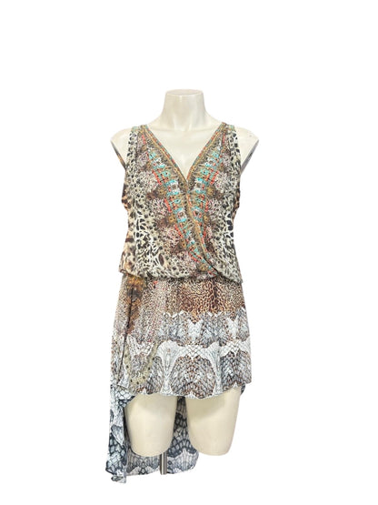 Camilla Silk High-Low Dress Embellished Animal Print Kaftan Mini Dress Designer Resort Wear- 1