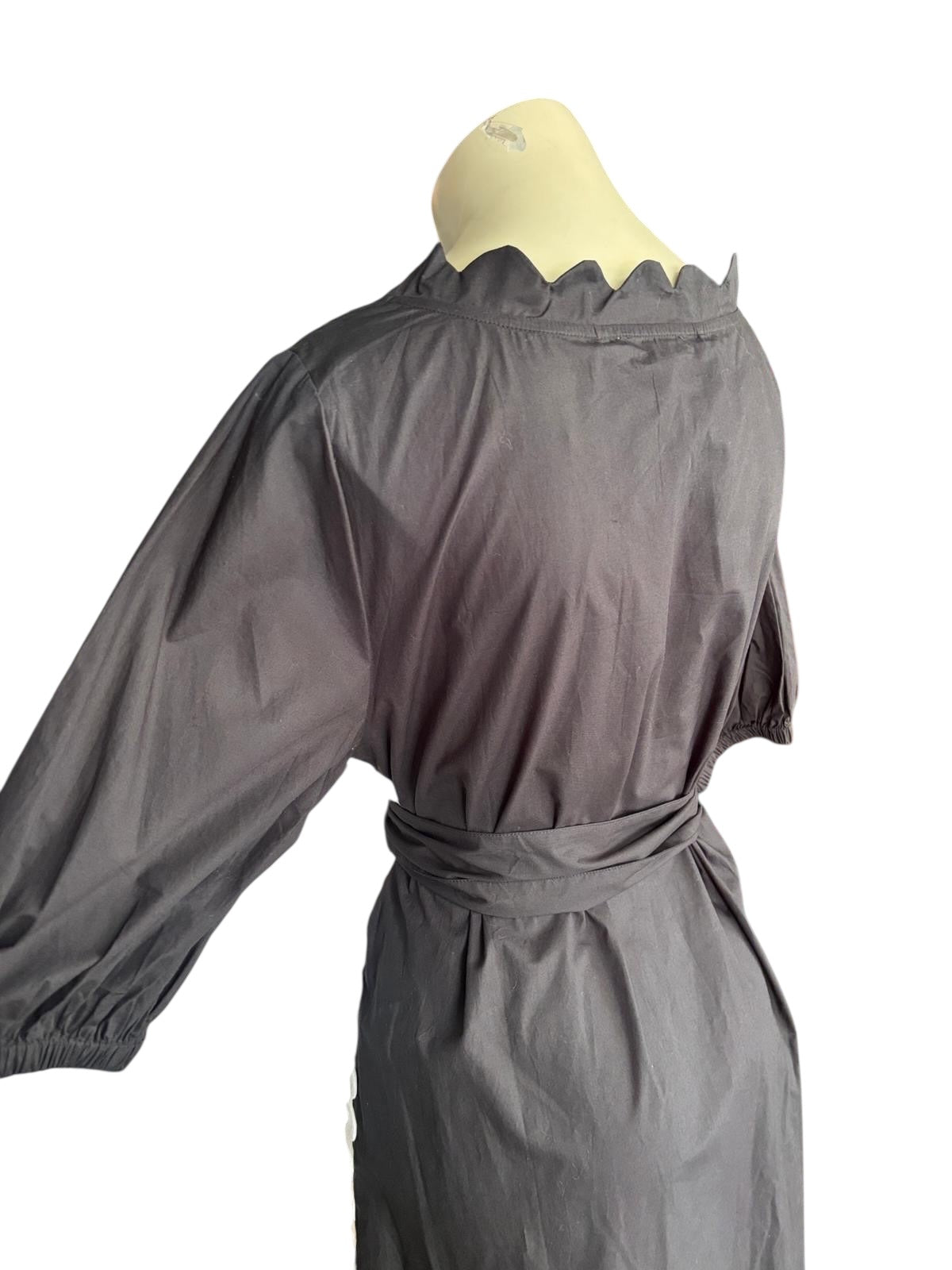 Binny Black Midi Dress | Scalloped Neckline | Cotton Belted Dress- 14