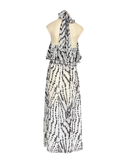 MSGM Black White Abstract Print Halter Midi Dress – Ruffle Neck Tie Designer Dress- S / 8