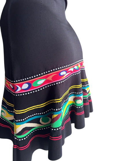 Emilio Pucci One Shoulder Dress | Silk Blend Black with Signature Print Hem | Designer Event Dress - Size S