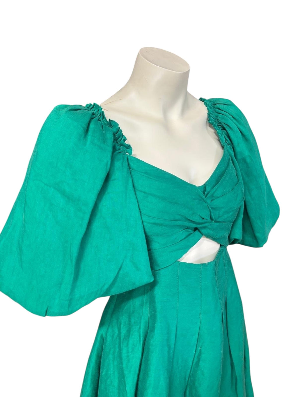 Aje Dusk Knot Puff Sleeve Mini Dress in emerald green, puff sleeve detail
