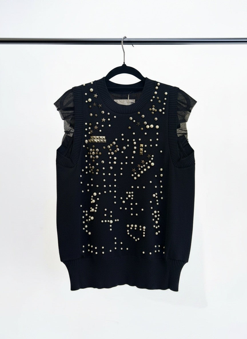 Sacai Navy Knit Sweater Vest with Sheer Flutter Sleeves — Size 12