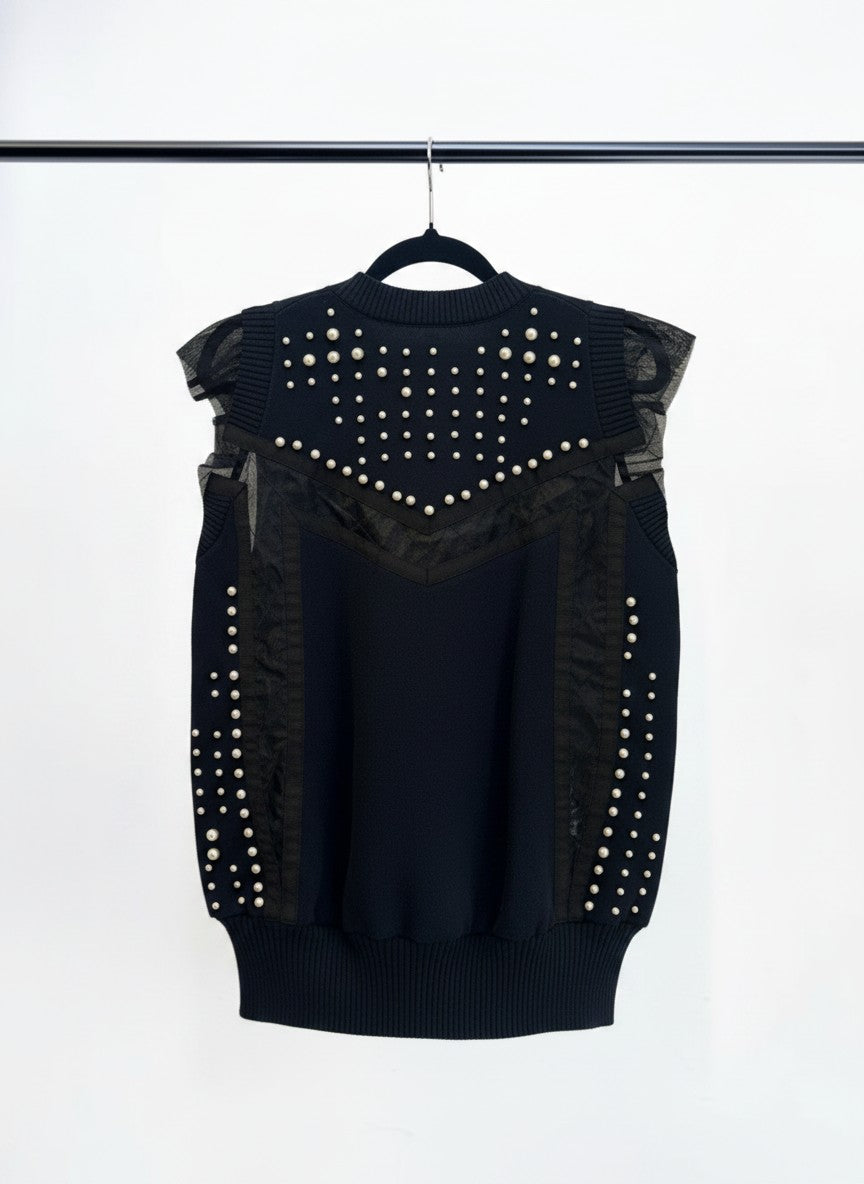 Sacai Navy Knit Sweater Vest with Sheer Flutter Sleeves — Size 12