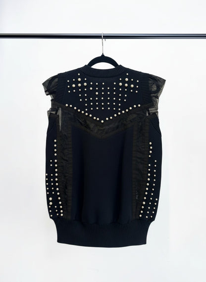 Sacai Navy Knit Sweater Vest with Sheer Flutter Sleeves — Size 12