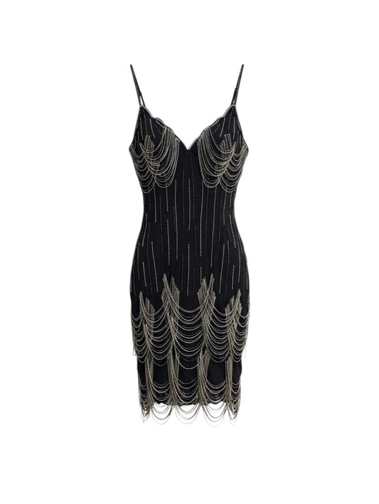Ruth Tarvydas Black Silk Beaded Cocktail Dress — 8/S