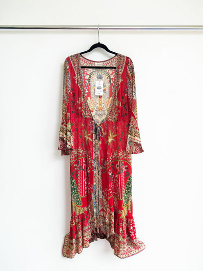 Camilla Red Silk Kimono Cardigan with Crystal Detail — Size XS