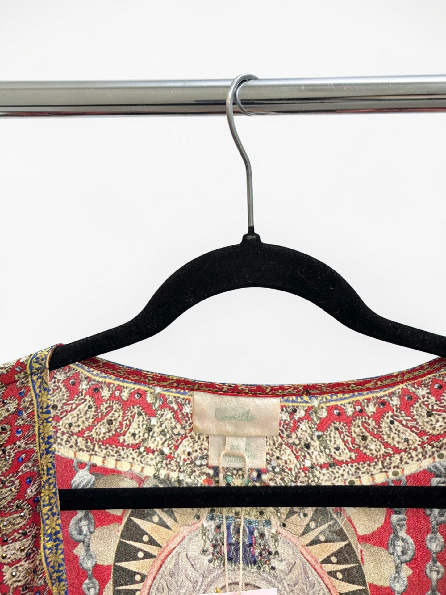 Camilla Red Silk Kimono Cardigan with Crystal Detail — Size XS