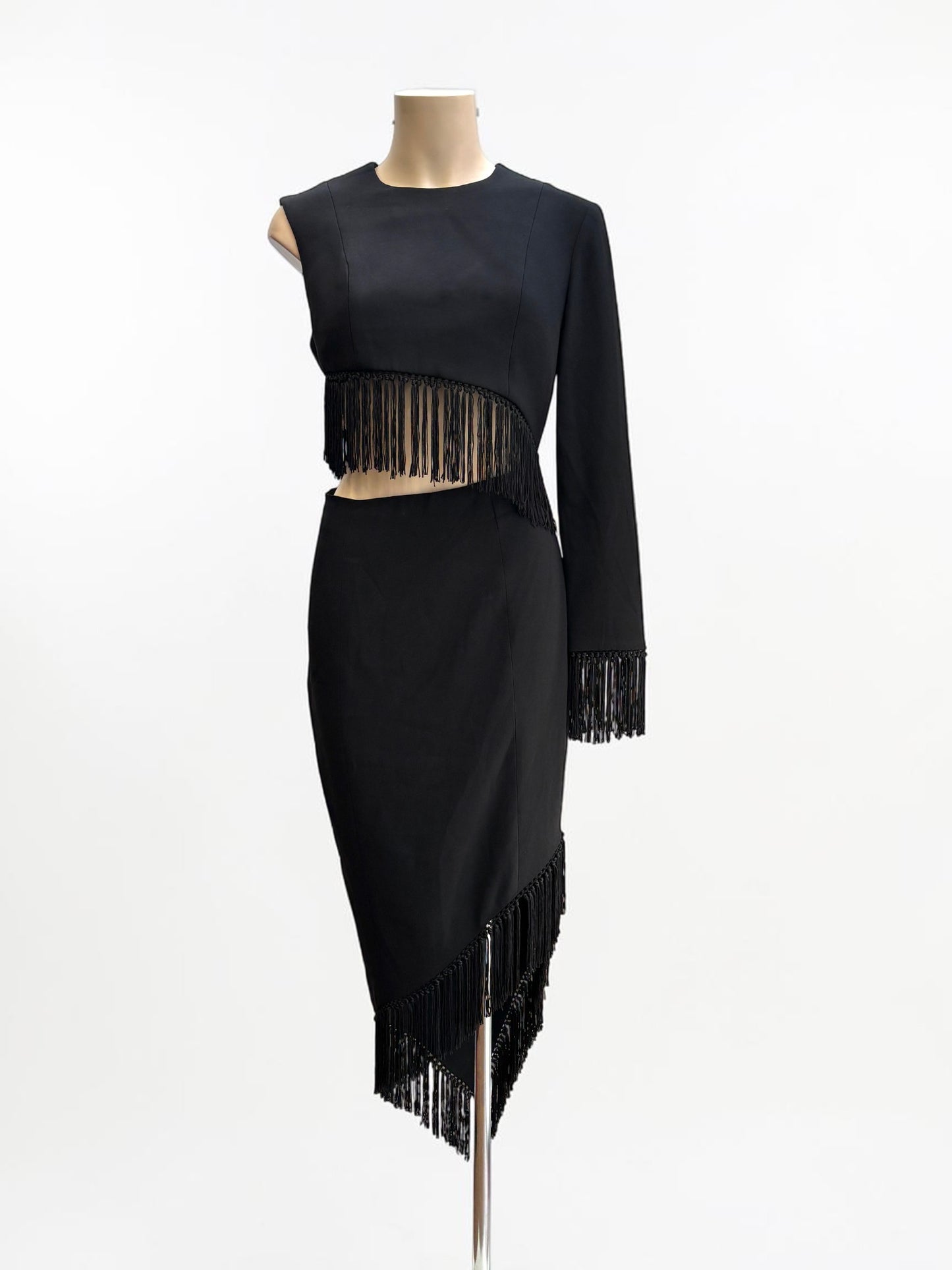 Misha Lana Fringe Cutout Black Midi Dress — Size 8