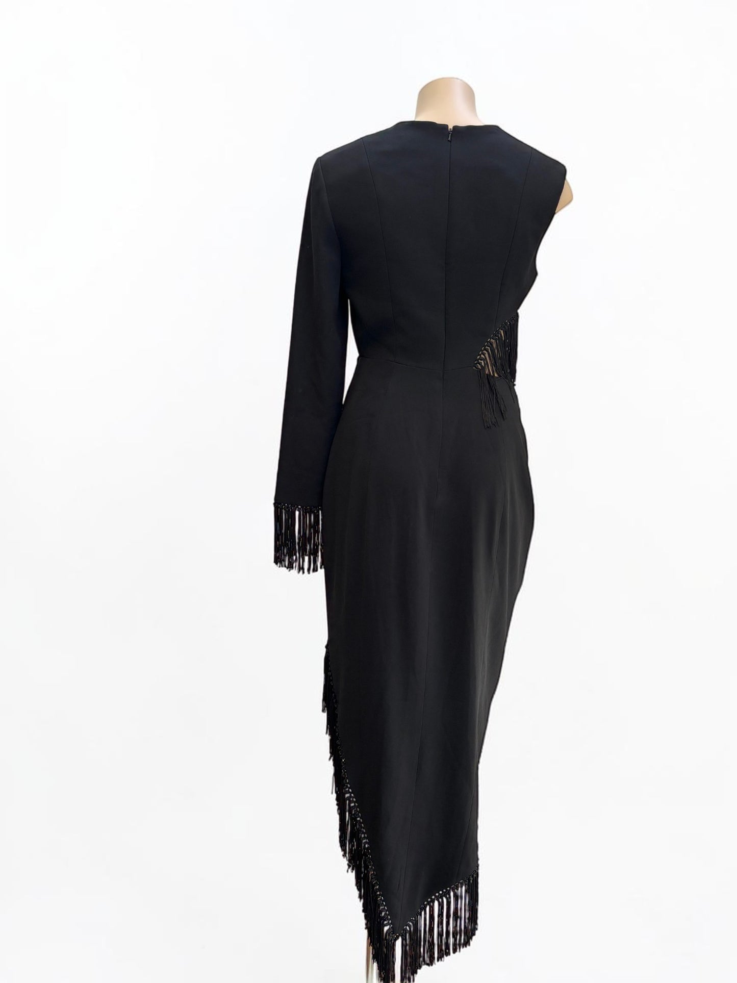 Misha Lana Fringe Cutout Black Midi Dress — Size 8