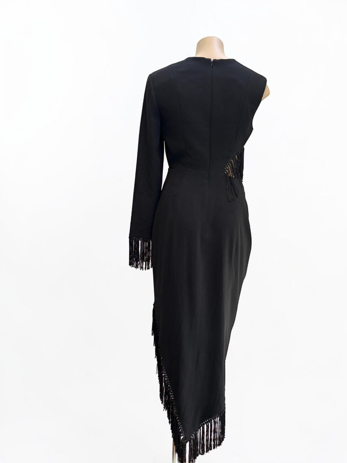 Misha Lana Fringe Cutout Black Midi Dress — Size 8