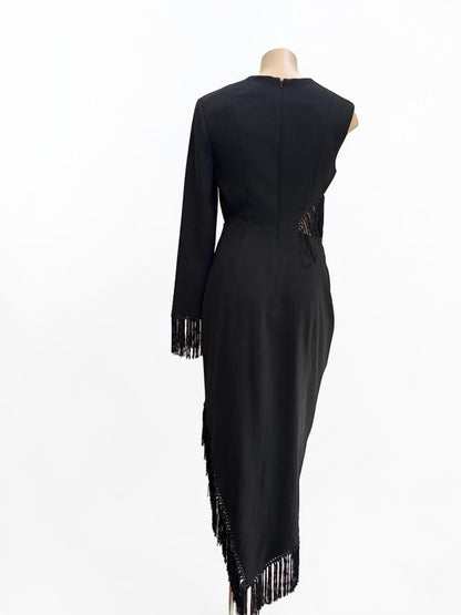 Misha Lana Fringe Cutout Black Midi Dress — Size 8