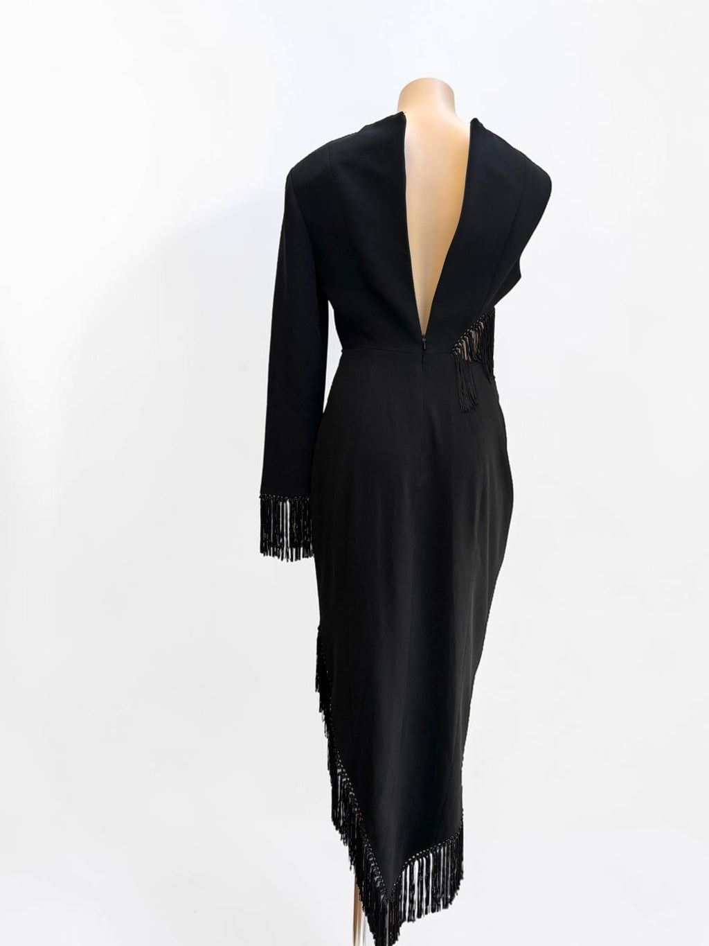 Misha Lana Fringe Cutout Black Midi Dress — Size 8