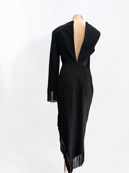 Misha Lana Fringe Cutout Black Midi Dress — Size 8