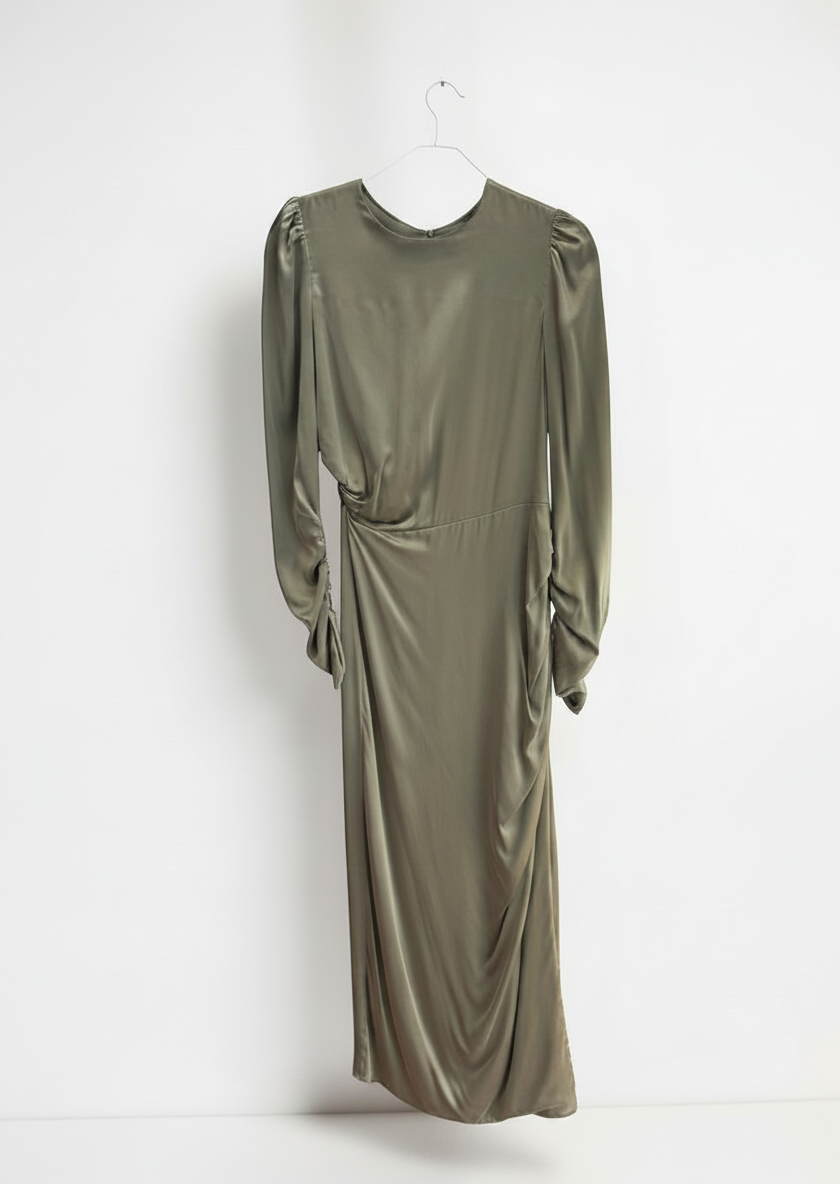 Zimmermann Draped Ruched Silk Midi Dress in Olive Green — Size 1