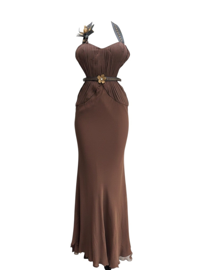 Payvand Italy Silk Gown with Leather Flower Appliqué — Size XS