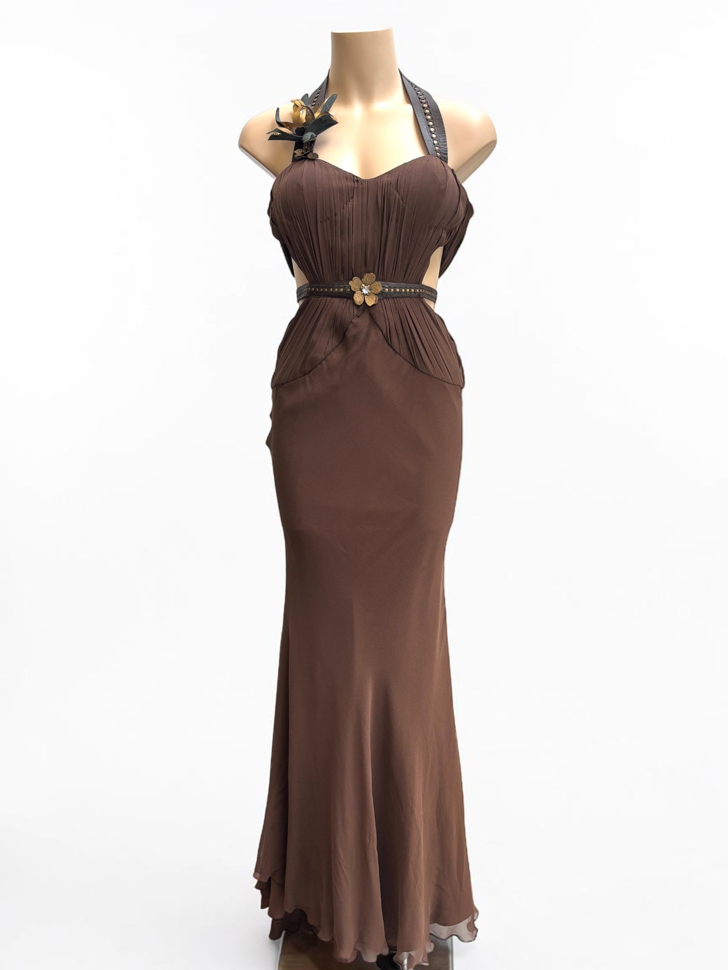 Payvand Italy Silk Gown with Leather Flower Appliqué — Size XS