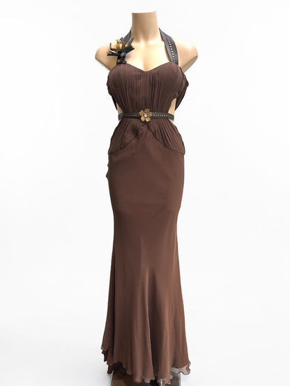 Payvand Italy Silk Gown with Leather Flower Appliqué — Size XS
