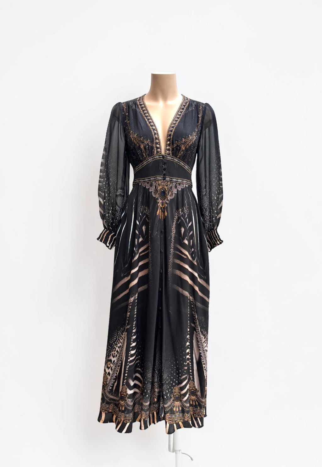 Camilla Quechua King Silk Maxi Dress with Shaped Waistband — Size XXS