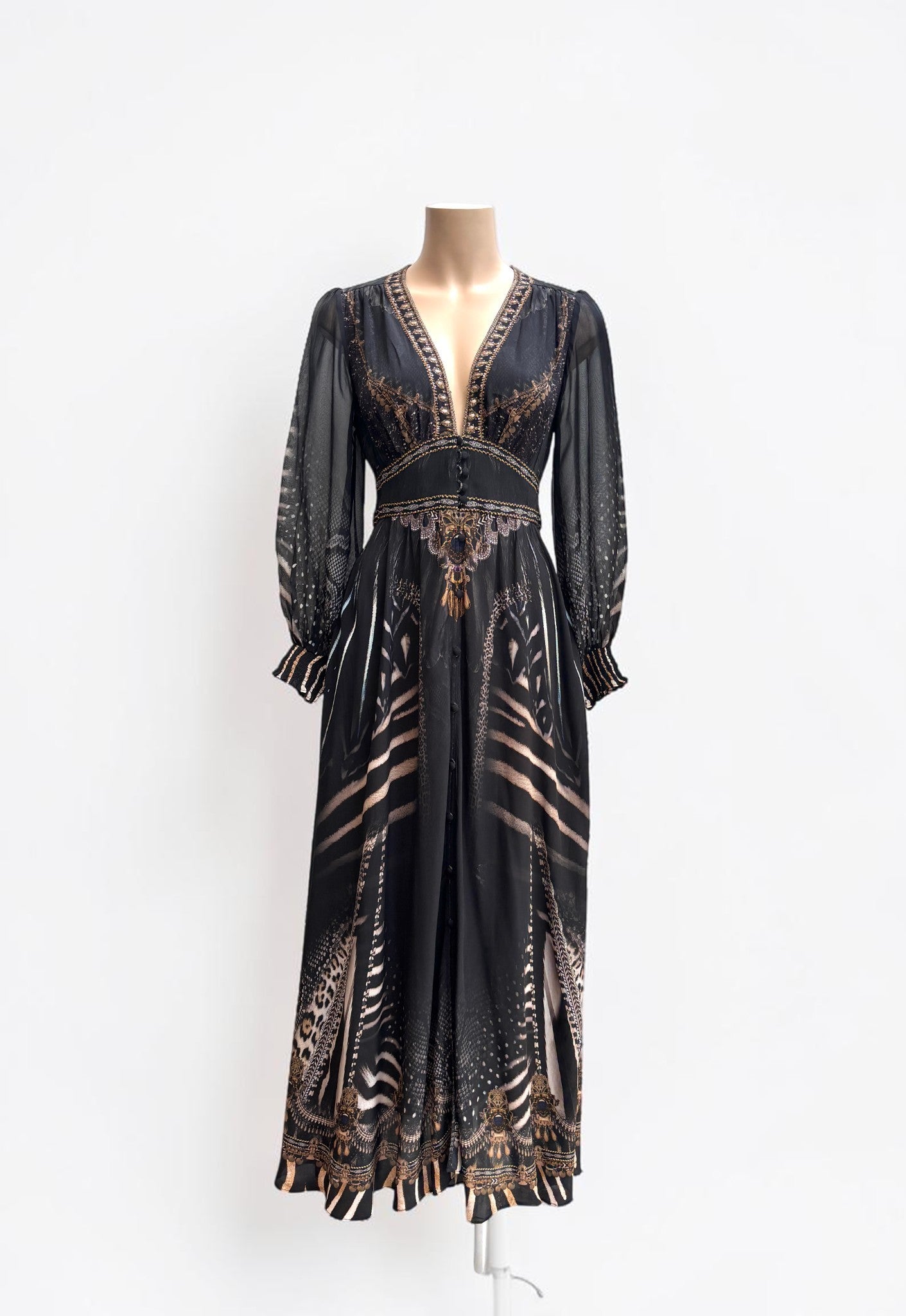 Camilla Quechua King Silk Maxi Dress with Shaped Waistband — Size XXS
