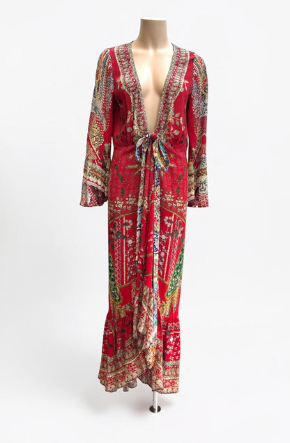 Camilla Red Silk Kimono Cardigan with Crystal Detail — Size XS