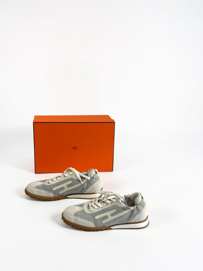 Hermès Jet Grey Suede & White Leather Sneakers — Size 38.5