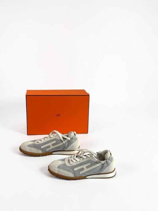 Hermès Jet Grey Suede & White Leather Sneakers — Size 38.5