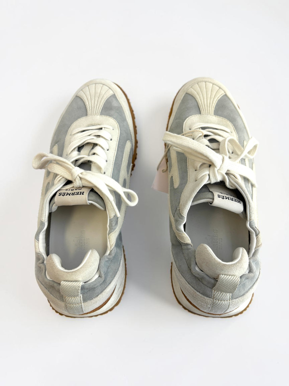 Hermès Jet Grey Suede & White Leather Sneakers — Size 38.5