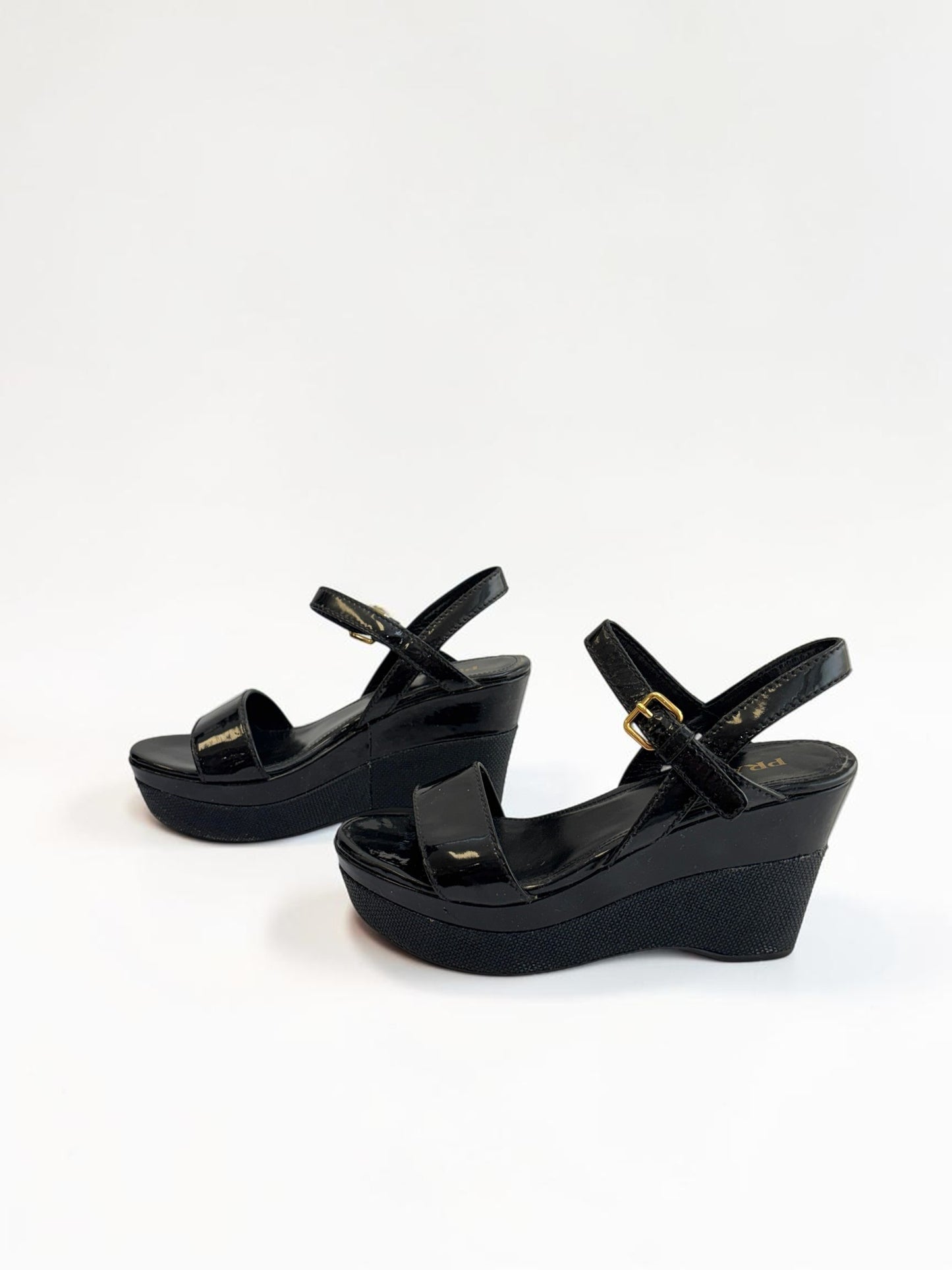 Prada Sport Black Patent Leather Platform Wedge Sandals — Size 37.5