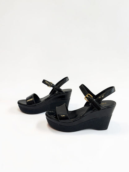 Prada Sport Black Patent Leather Platform Wedge Sandals — Size 37.5