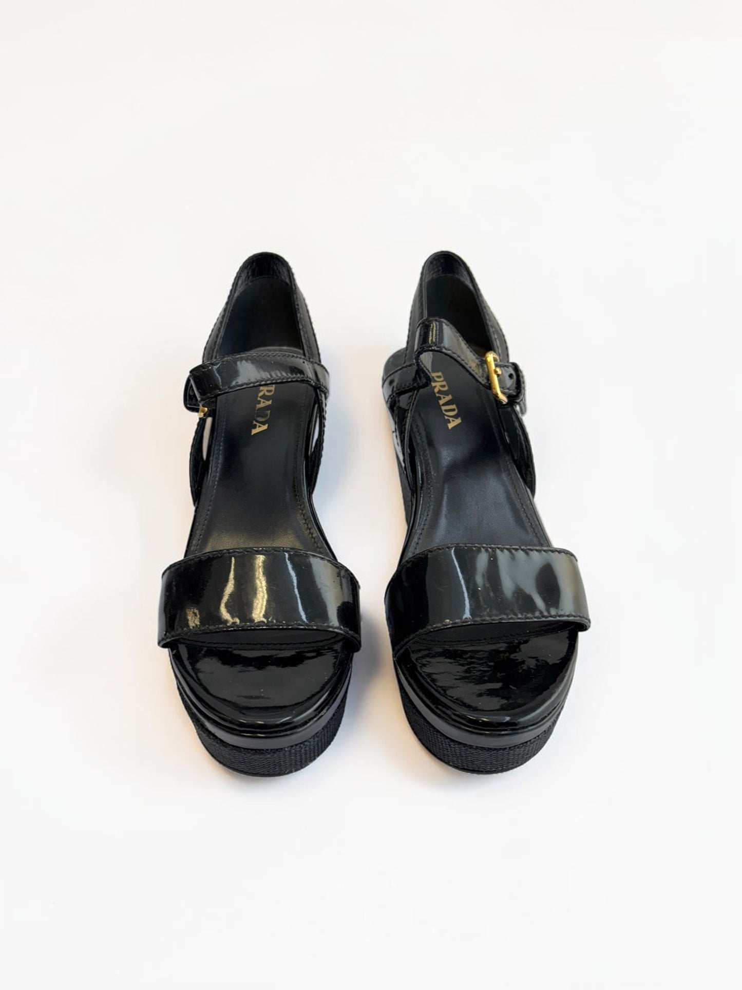 Prada Sport Black Patent Leather Platform Wedge Sandals — Size 37.5