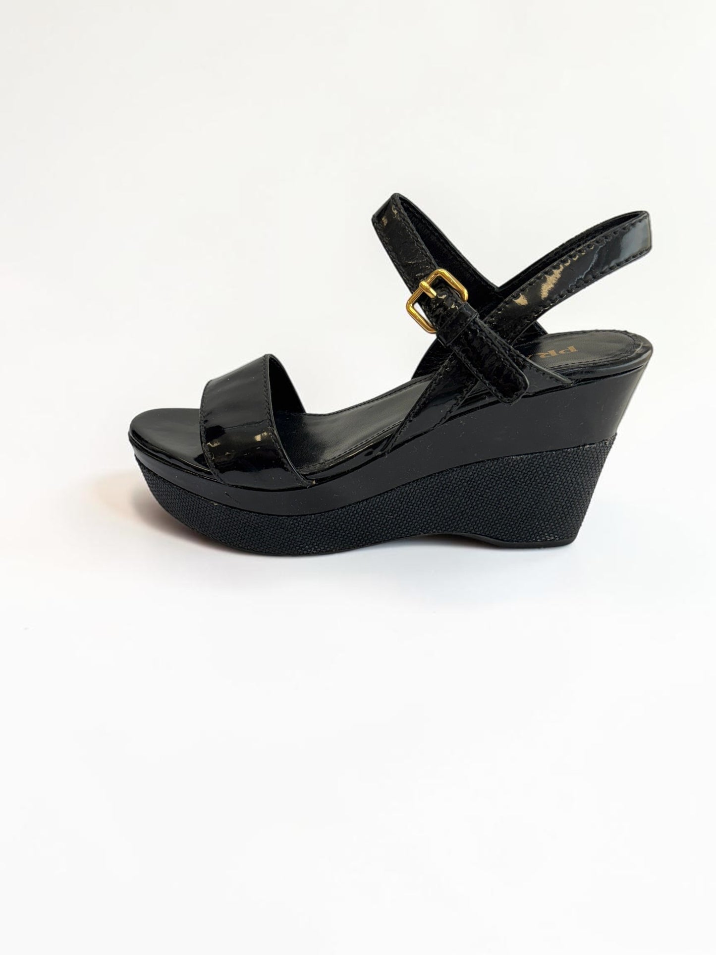 Prada Sport Black Patent Leather Platform Wedge Sandals — Size 37.5